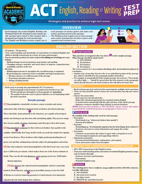 ACT English, Reading & Writing Test Prep: A Quickstudy Laminated Reference Guide (First Edition, New)