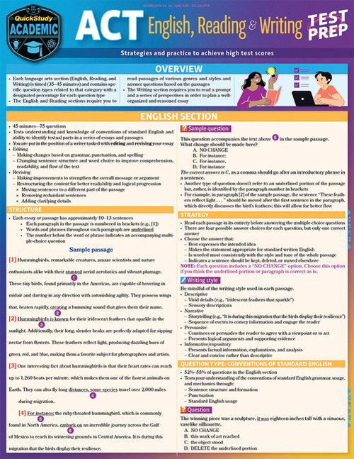 ACT English, Reading & Writing Test Prep: A Quickstudy Laminated Reference Guide (First Edition, New)